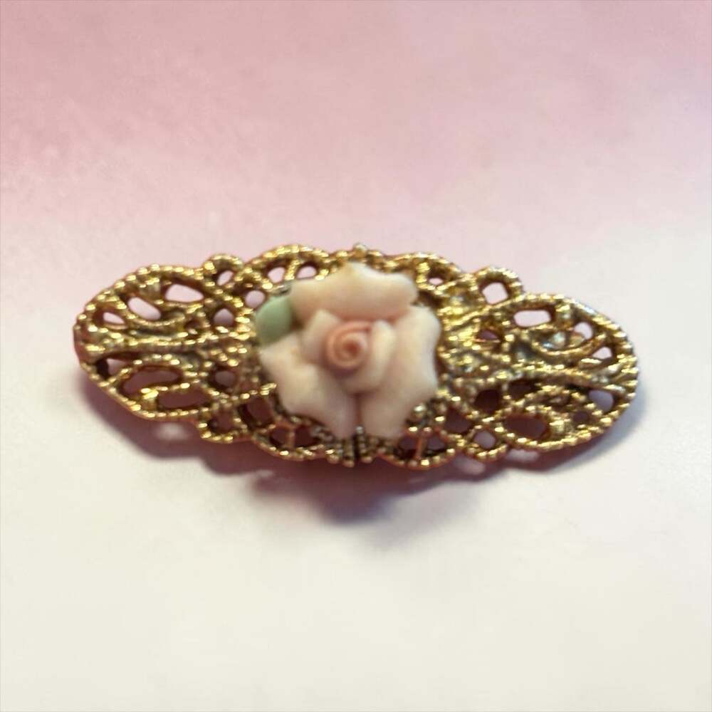 Blush Rose Brooch Romantic Gold Filigree Victorian Style 1928 Jewelry Vintage